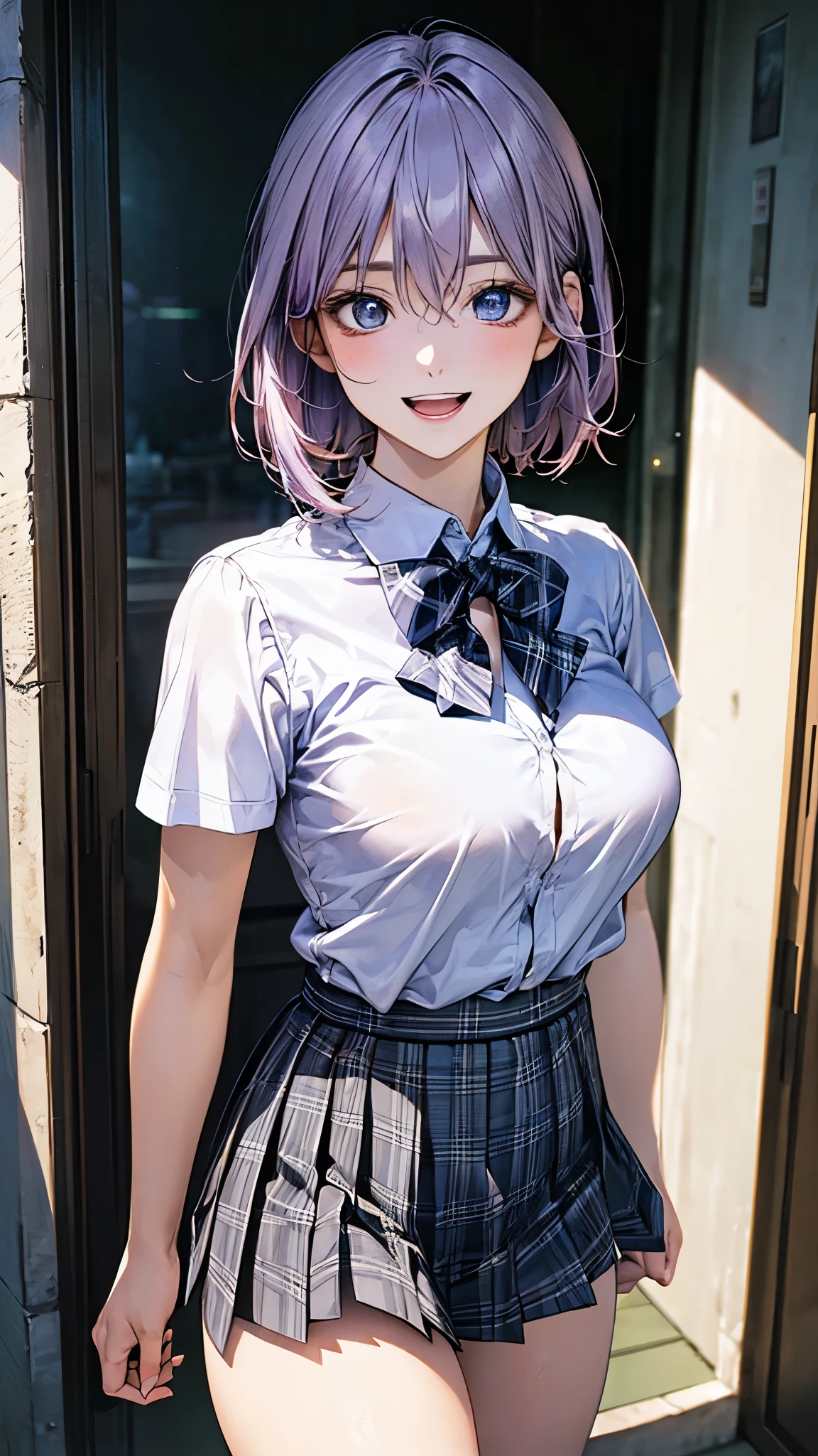 (masterpiece:1.2, top-quality), (realistic, photorealistic:1.4), beautiful illustration, (natural side lighting, movie lighting), nsfw,
looking at viewer, cowboy shot, front view:0.6, 1 girl, japanese, high school girl, perfect face, cute and symmetrical face, shiny skin,
(short hair:1.2, lob:1.2, light purple hair), hair between eyes, blue eyes, long eye lasher, (large breasts:0.7, thick thighs),
beautiful hair, beautiful face, beautiful detailed eyes, beautiful clavicle, beautiful body, beautiful chest, beautiful thigh, beautiful legs, beautiful fingers,
((white collared shirts, blue bow tie, black plaid pleated mini skirt)),
(beautiful scenery), evening, riverside, walking, (smile, open mouth),
