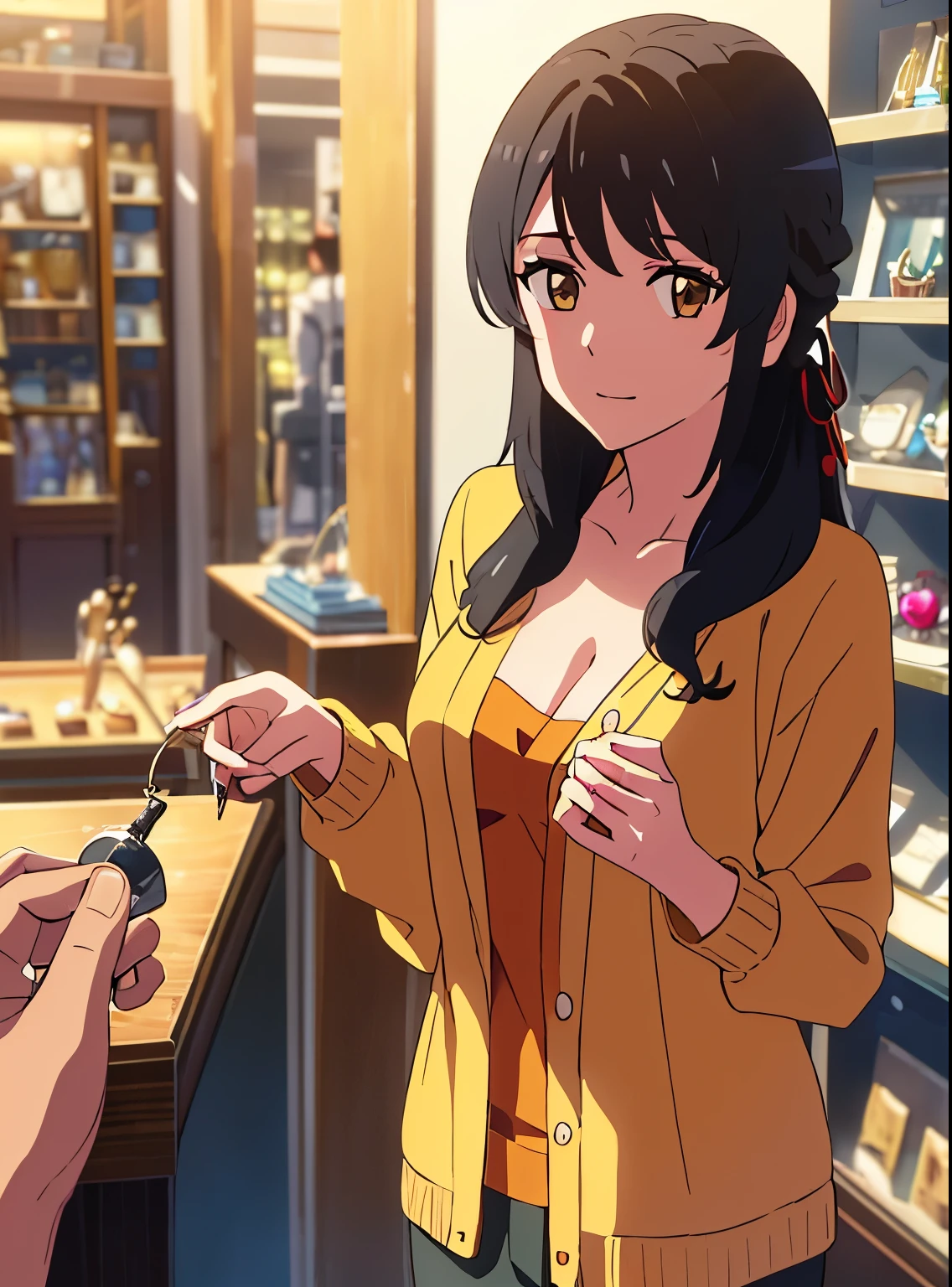 shinkai makoto, kimi no na wa., 1girl, bangs, black hair, brown eyes, waterfall braid, red ribbon, long hair, long sleeve light yellow cardigan, open shirt, yellow shirt, cleavage, breast, medium breast, Orange shirt, name tag written "LUMINE Miyamizu", looking at the viewer, indoors, jewelry products, jewelry shop, jewelry saleswoman, indoors, mall, masterpiece, perfect anatomy, cowboyshot, POV (POV naked boy's two hands touching girl's chest POV)