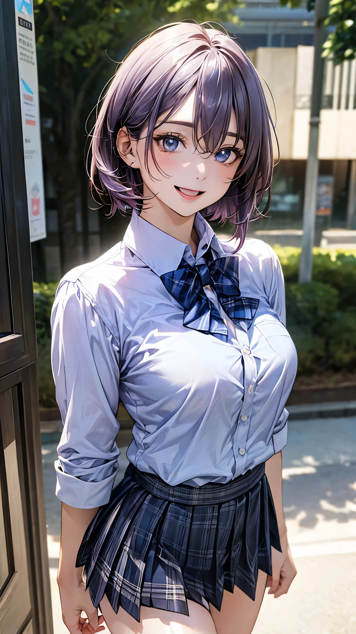 (masterpiece:1.2, top-quality), (realistic, photorealistic:1.4), beautiful illustration, (natural side lighting, movie lighting), nsfw, 
looking at viewer, cowboy shot, front view:0.6, 1 girl, japanese, high school girl, perfect face, cute and symmetrical face, shiny skin, 
(short hair:1.2, lob:1.2, light purple hair), hair between eyes, blue eyes, long eye lasher, (large breasts:0.7, thick thighs), 
beautiful hair, beautiful face, beautiful detailed eyes, beautiful clavicle, beautiful body, beautiful chest, beautiful thigh, beautiful legs, beautiful fingers, 
((white collared shirts, blue bow tie, black plaid pleated mini skirt)), 
(beautiful scenery), evening, riverside, walking, (smile, open mouth), 