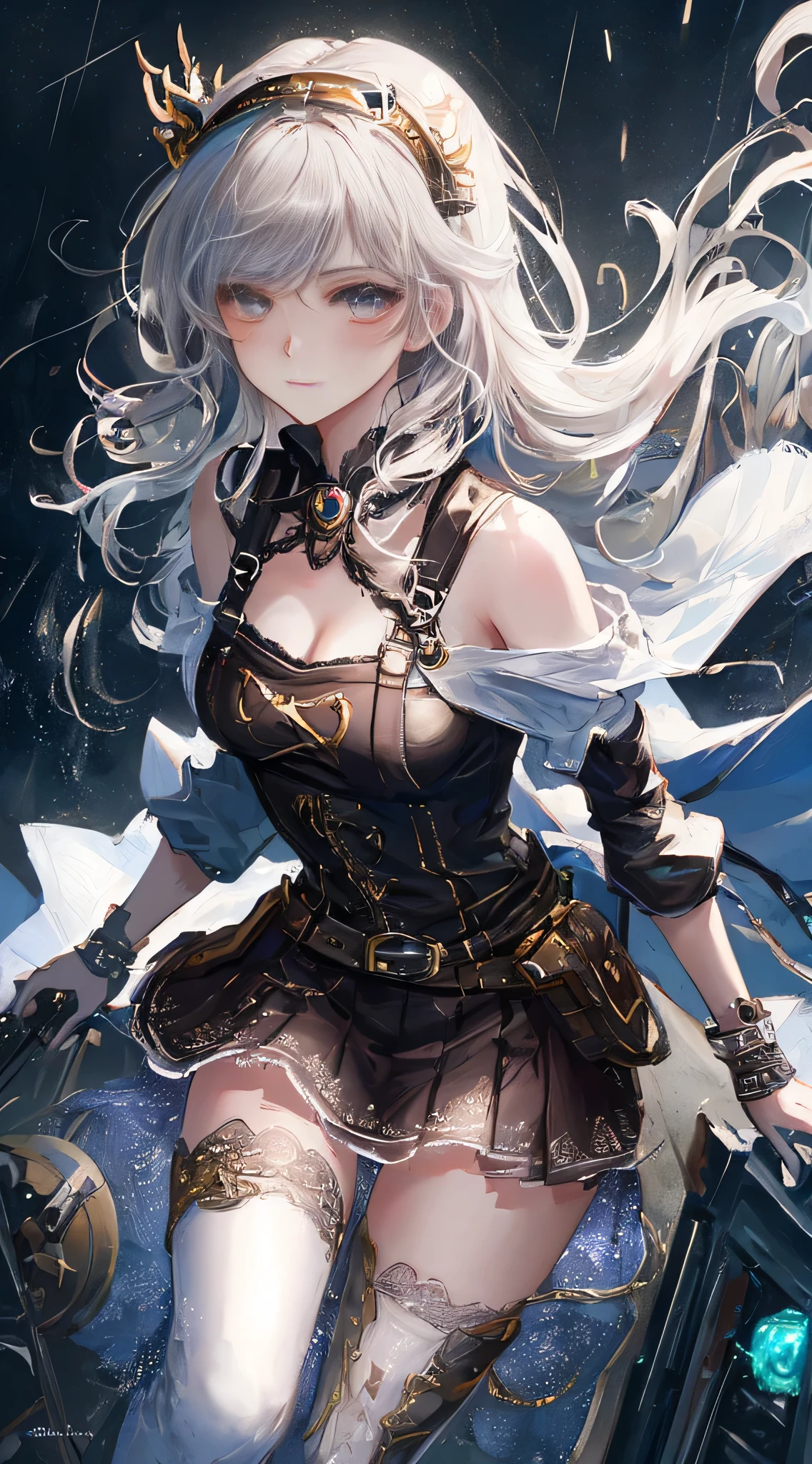 (Practical pirate clothing), Long-sleeved pirate top, Skirt, torn pirate hat, absurdres, RAW photo, extremely delicate and beautiful, masterpiece, Best Quality, ultra high resolution, 32k, hyperrealistic, ultra-detailed, detailed description, pale skin, 20 years old, tearful mole, earring, big tits, short medium hair, wavy hair, whole body shot,