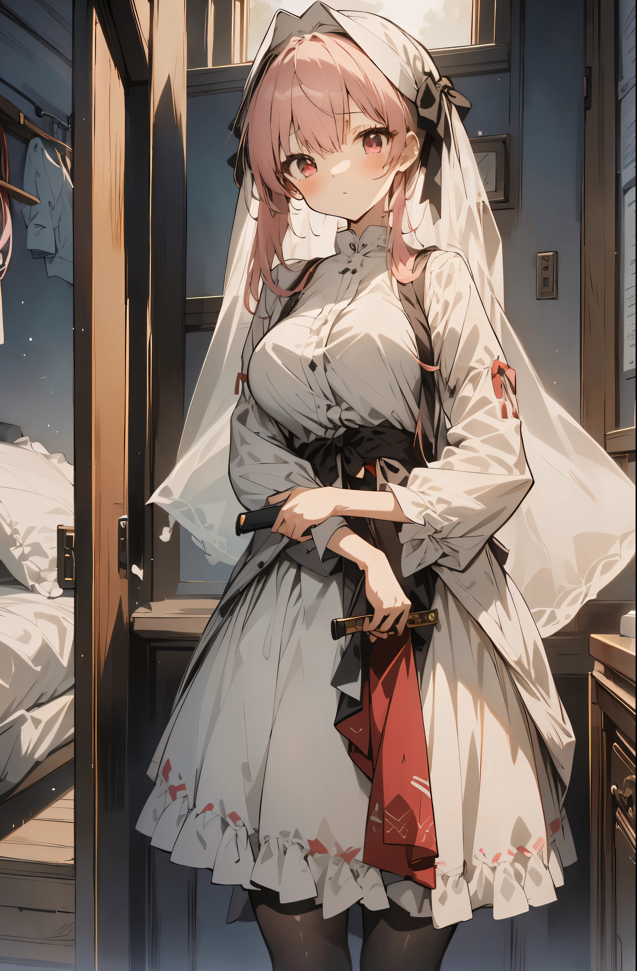 Anime characters,Armed with a sword,Wearing a white dress,It has red and black letters written on it, pink hair, red eyes, Nun veil, huge breasts, see through underwear, bedroom, wet clothes, pure pajamas, cheeks flushed