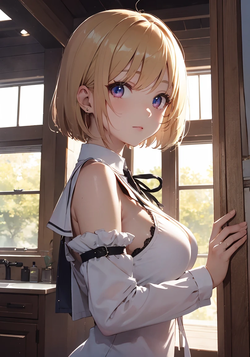 masterpiece, absurdres, best quality, ultra detailed, high Resolution, detailed illustration, extremely beautiful detailed face and eyes, bright colour, 1girl, (), cute face, Delicate beautiful face, magenta eyes, cute eyes, sparkling eyes, big eyes, medium breasts, (perky breasts:1.1), (pointy breasts:1.1), medium hips, glamorous body, white skin, happy, BREAK, long bob cut, (blonde hair:0.8), messy hair, detailed hair, shiny hair, BREAK Examination clothes, tiny ribbon, health check, real world, natural lights, perfect lighting,