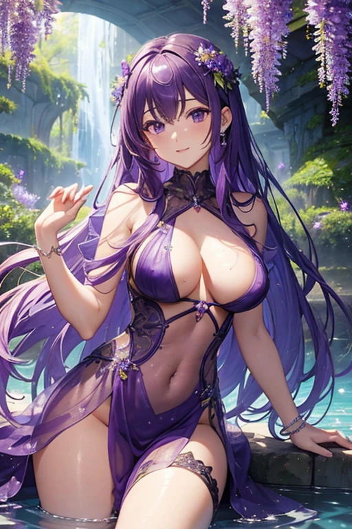 {{{{masterpiece}}}}, {{{super detailed}}}, {{{High resolution}}}, {{excellent anatomy}}, (((highest quality))), ((very delicate and beautiful)), {{very detailed and delicate}}, {8k cg wallpaper},((detailed background))One female、best style、beautiful woman、The most beautiful woman in the world、Purple flowers are blooming on the purple lake surface, soft purple glow, Purple light, (purple wisteria forest), wisteria season, art, shining purple, Purple petals are dancing everywhere、 The blossoming path to heaven, purple glow、Purple water、purple reflective water surface、purple light、(Sexy sheer dress:1.5),((big breasts))、show through、waterside and wisteria、Detailed design、beautiful design、sexy pose、Sheer skin、shape of nipple