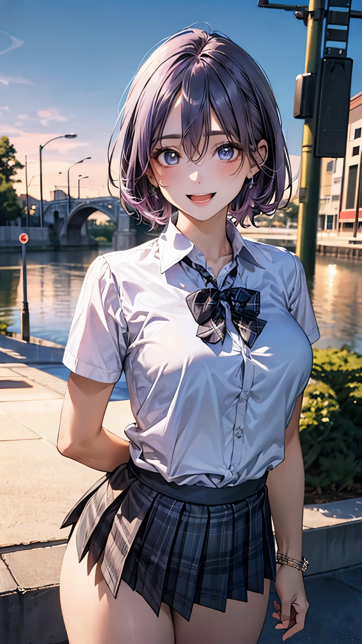 (masterpiece:1.2, top-quality), (realistic, photorealistic:1.4), beautiful illustration, (natural side lighting, movie lighting), nsfw,
looking at viewer, cowboy shot, front view:0.6, 1 girl, japanese, high school girl, perfect face, cute and symmetrical face, shiny skin,
(short hair:1.2, lob:1.2, light purple hair), hair between eyes, blue eyes, long eye lasher, (large breasts:0.7, thick thighs),
beautiful hair, beautiful face, beautiful detailed eyes, beautiful clavicle, beautiful body, beautiful chest, beautiful thigh, beautiful legs, beautiful fingers,
((white collared shirts, blue bow tie, black plaid pleated mini skirt)),
(beautiful scenery), evening, riverside, walking, (smile, open mouth),
