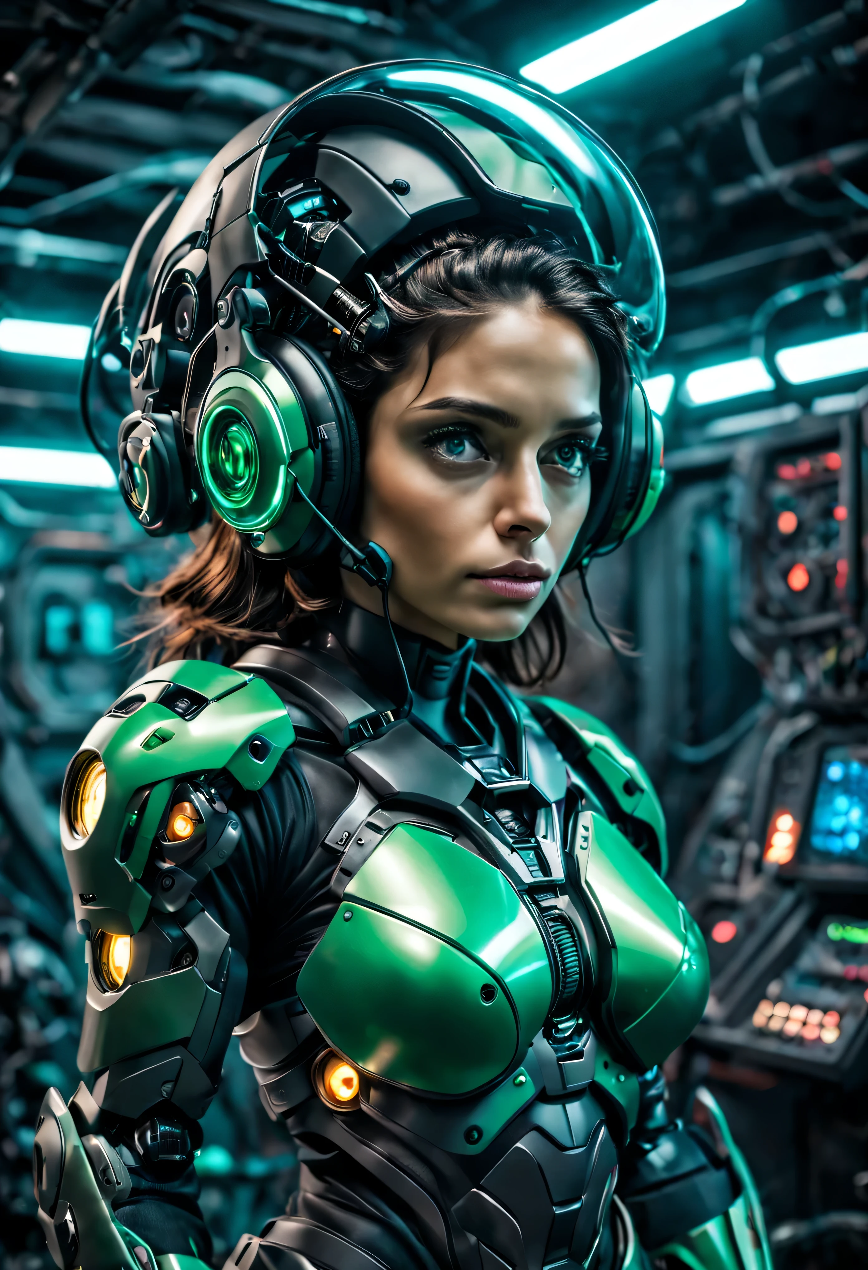mujer exuberante, athletic , ojos verdes, vestida con armadura mecha, con casco y auriculares, se encuentra en centro de control de estacion espacial, con ordenadores con luces led de vario colores)),todo lleno de imaginacion,ciencia ficcion y (intrincados detalles de la maquina).imagen fotorrealista,nitidez maxima, calidad de imagen 8k.(obra maestra de calidad superior).(renderizado 3D).
