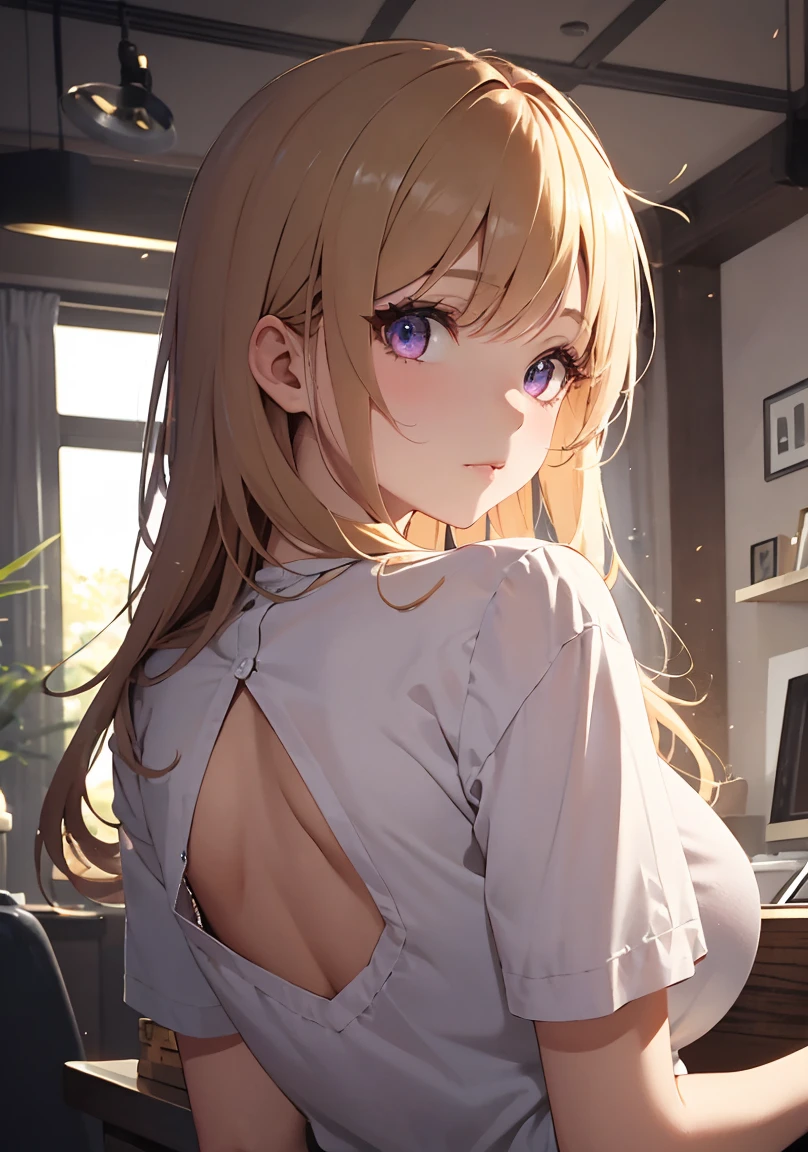 masterpiece, absurdres, best quality, ultra detailed, high Resolution, detailed illustration, extremely beautiful detailed face and eyes, bright colour, 1girl, (), cute face, Delicate beautiful face, magenta eyes, cute eyes, sparkling eyes, big eyes, medium breasts, (perky breasts:1.1), (pointy breasts:1.1), medium hips, glamorous body, white skin, happy, BREAK, long bob cut, (blonde hair:0.8), messy hair, detailed hair, shiny hair, BREAK Examination clothes, tiny ribbon, health check, hospital, real world, natural lights, perfect lighting,