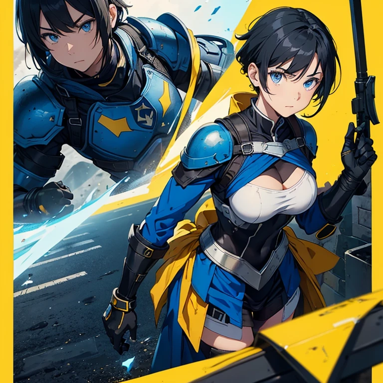 boyish Hero girl, single yellow heart mark at chest, blue armor on black hero suits, short black hair, yellow spade mark on blue bandanna, blue eyes, big bust