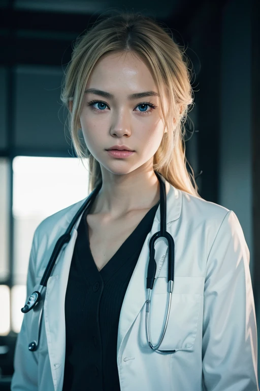 黒い肌、Black girl in white lab coat holding stethoscope ,大きい胸、Best quality, masterpiece, ultra high res, (photorealistic:1.4), raw photo, 1girl, blonde hair, blue eyes, detailed eyes and face, dynamic lighting, in the dark, deep shadow, low key,短い髪、銀の髪の色,ニコニコ笑顔、Best quality, masterpiece, ultra high res, (photorealistic:1.4), raw photo, 1girl, blonde hair, blue eyes, detailed eyes and face, dynamic lighting, , deep shadow, low key,