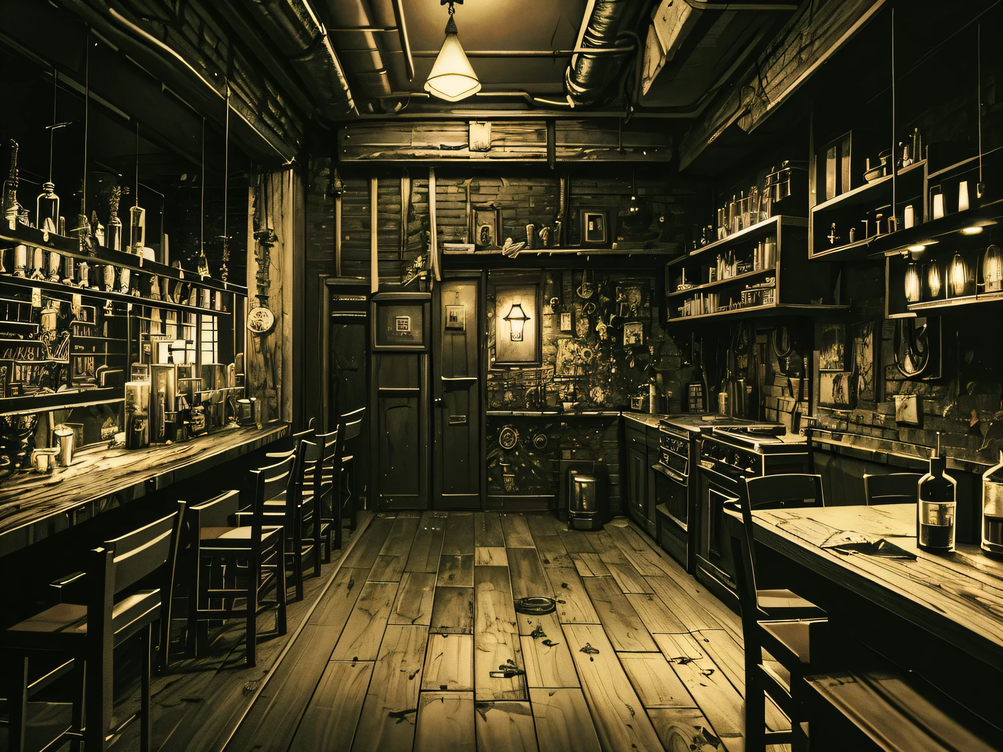 ((dark tentacle in biopunk style)), (horror art), Dark lighting, (cold light), black oil liquids, Dark Fantasy, dark empty tavern refuge, Gloomy Kitchen, Old table, A few chairs, drawers and cabinets, boarded up windows, Dark Fantasy environment, very detailed art, very detailed background