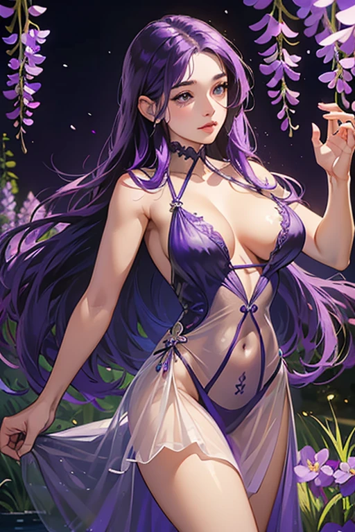 {{{{masterpiece}}}}, {{{super detailed}}}, {{{High resolution}}}, {{excellent anatomy}}, (((highest quality))), ((very delicate and beautiful)), {{very detailed and delicate}}, {8k cg wallpaper},((detailed background))One female、best style、beautiful woman、The most beautiful woman in the world、Purple flowers are blooming on the purple lake surface, soft purple glow, Purple light, (purple wisteria forest), wisteria season, art, shining purple, Purple petals are dancing everywhere、 The blossoming path to heaven, purple glow、Purple water、purple reflective water surface、purple light、(Sexy sheer dress:1.5),((big breasts))、show through、waterside and wisteria、Detailed design、beautiful design、sexy pose、Sheer skin、shape of nipple