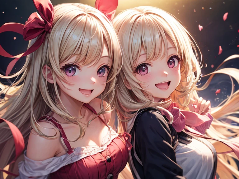 with a girl、no background、no background、Background through、White blonde、Pink ash、pink gradient hair、laughter、ribbon、one piece、cute、