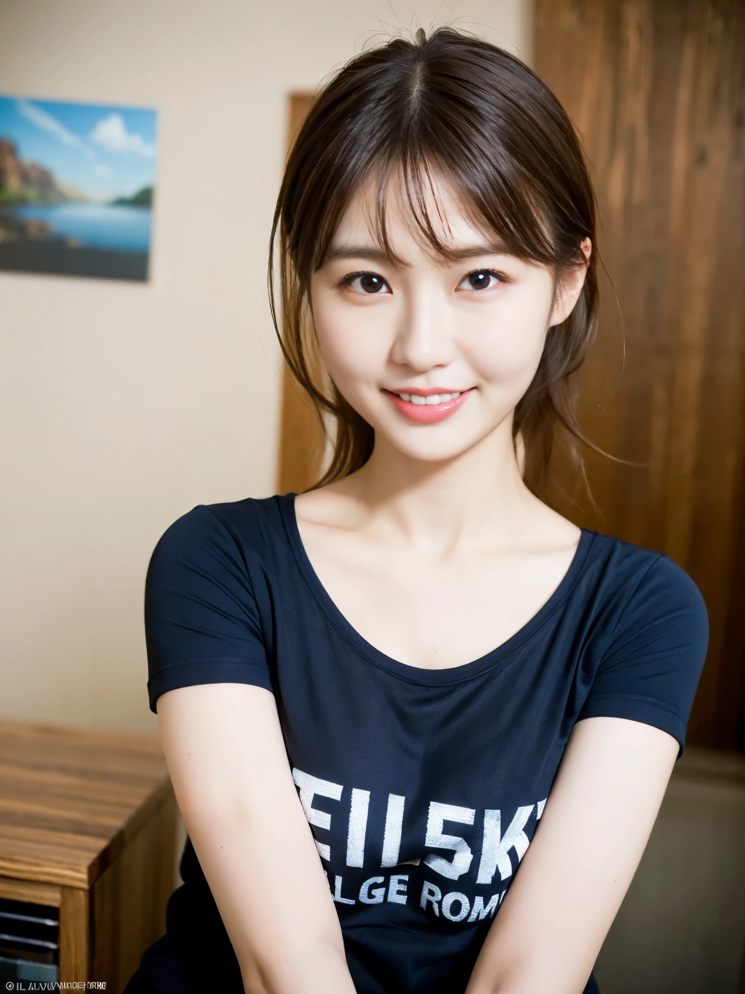 ((highest quality, 8K, masterpiece :1.3)), 1 girl, smile, whole body, big breasts、slim face, Beautiful woman, (dark brown hair), tight t-shirt :1.1, Navy blue uper detailed face, fine eyes, double eyelid, blur background, slim face, His room