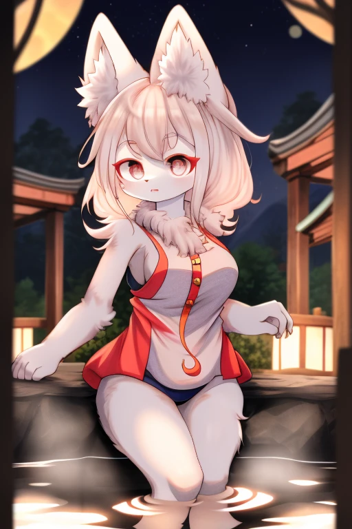 Amaterasu \(Great God\), woman, 独自of, 黄眼睛of, Black sclera, , of, 4 toes, 有爪子of爪子,，enchanting，put on label, white fur, hot springs ，Coyotes，red case，white fur，cute，Big breasts，巨大of山雀，fit，光滑of皮肤，超cute，night，Awa Onsen，