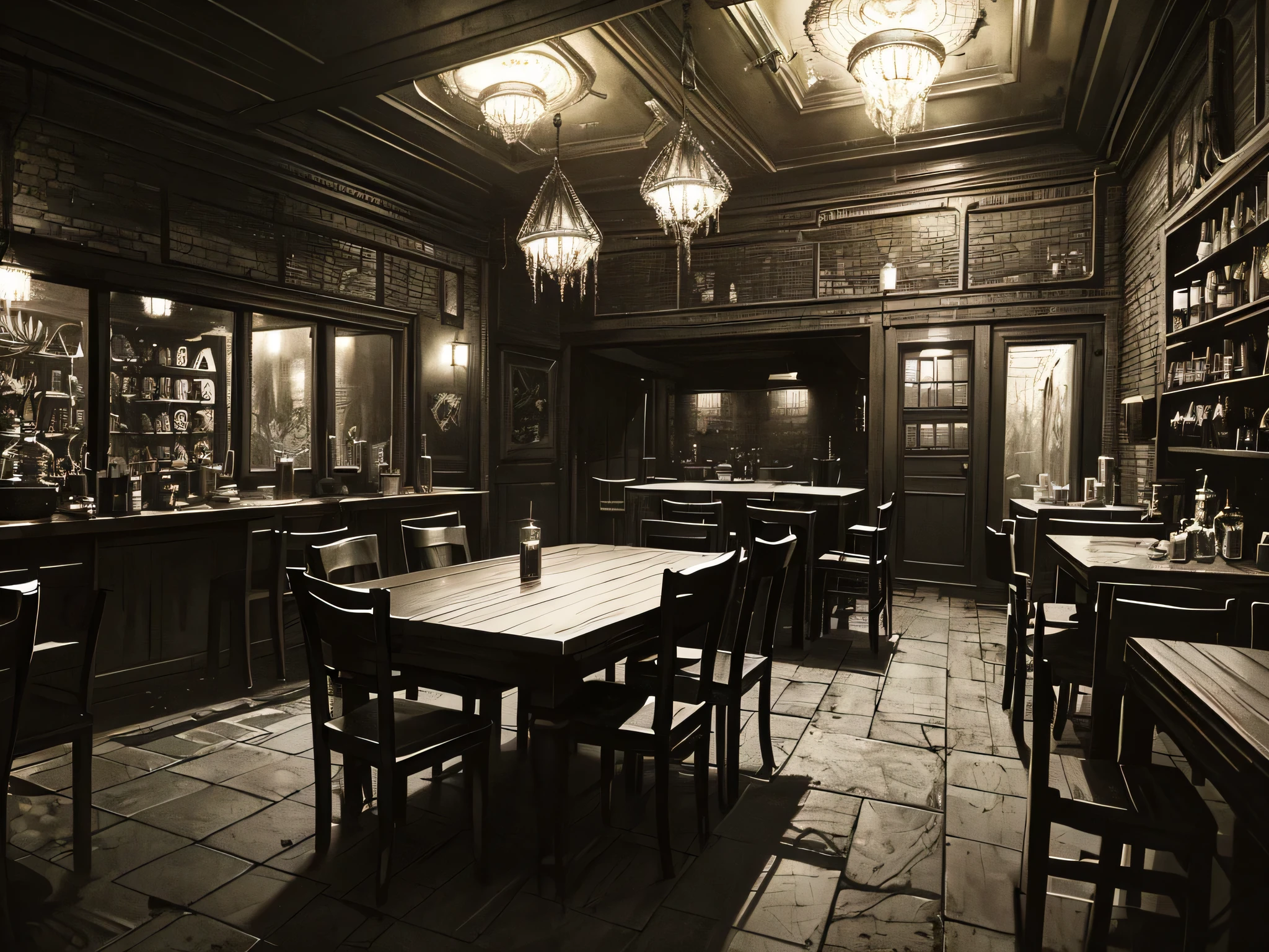 ((dark tentacle in biopunk style)), (horror art), Dark lighting, (cold light), black oil liquids, Dark Fantasy, dark empty tavern refuge, Gloomy Kitchen, Old table, A few chairs, drawers and cabinets, boarded up windows, Dark Fantasy environment, very detailed art, very detailed background