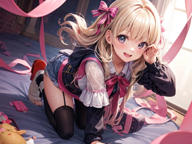 with a girl、no background、no background、Background through、White blonde、Pink ash、pink gradient hair、laughter、ribbon、one piece、cute、Kneeling Pose、disheveled clothing