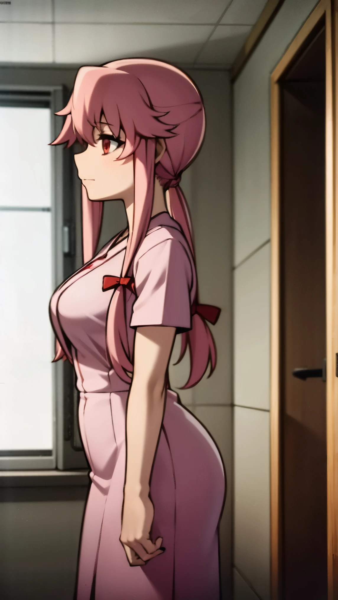 anime_still, masterpiece, best quality, 1girl, Gasai Yuno,large breasts, red eyes, (hospital gown:1.5), Psychiatric hospital, insane, ((padded room)), asylum,