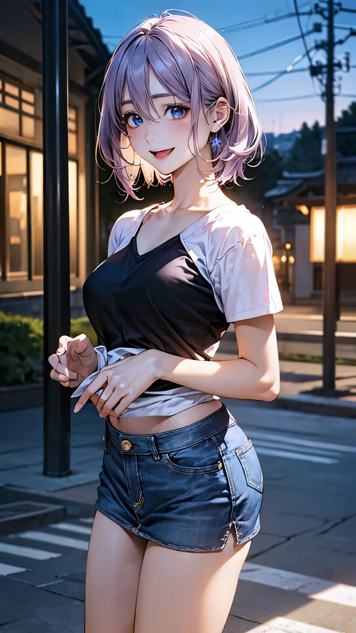 (masterpiece:1.2, top-quality), (realistic, photorealistic:1.4), beautiful illustration, (natural side lighting, movie lighting), nsfw,
looking at viewer, cowboy shot, front view:0.6, 1 girl, japanese, high school girl, perfect face, cute and symmetrical face, shiny skin,
(short hair:1.2, lob:1.2, light purple hair), hair between eyes, blue eyes, long eye lasher, (large breasts:0.7, thick thighs),
beautiful hair, beautiful face, beautiful detailed eyes, beautiful clavicle, beautiful body, beautiful chest, beautiful thigh, beautiful legs, beautiful fingers,
((black t-shirts, denim miniskirt)),
(beautiful scenery), evening, riverside, walking, (smile, open mouth),