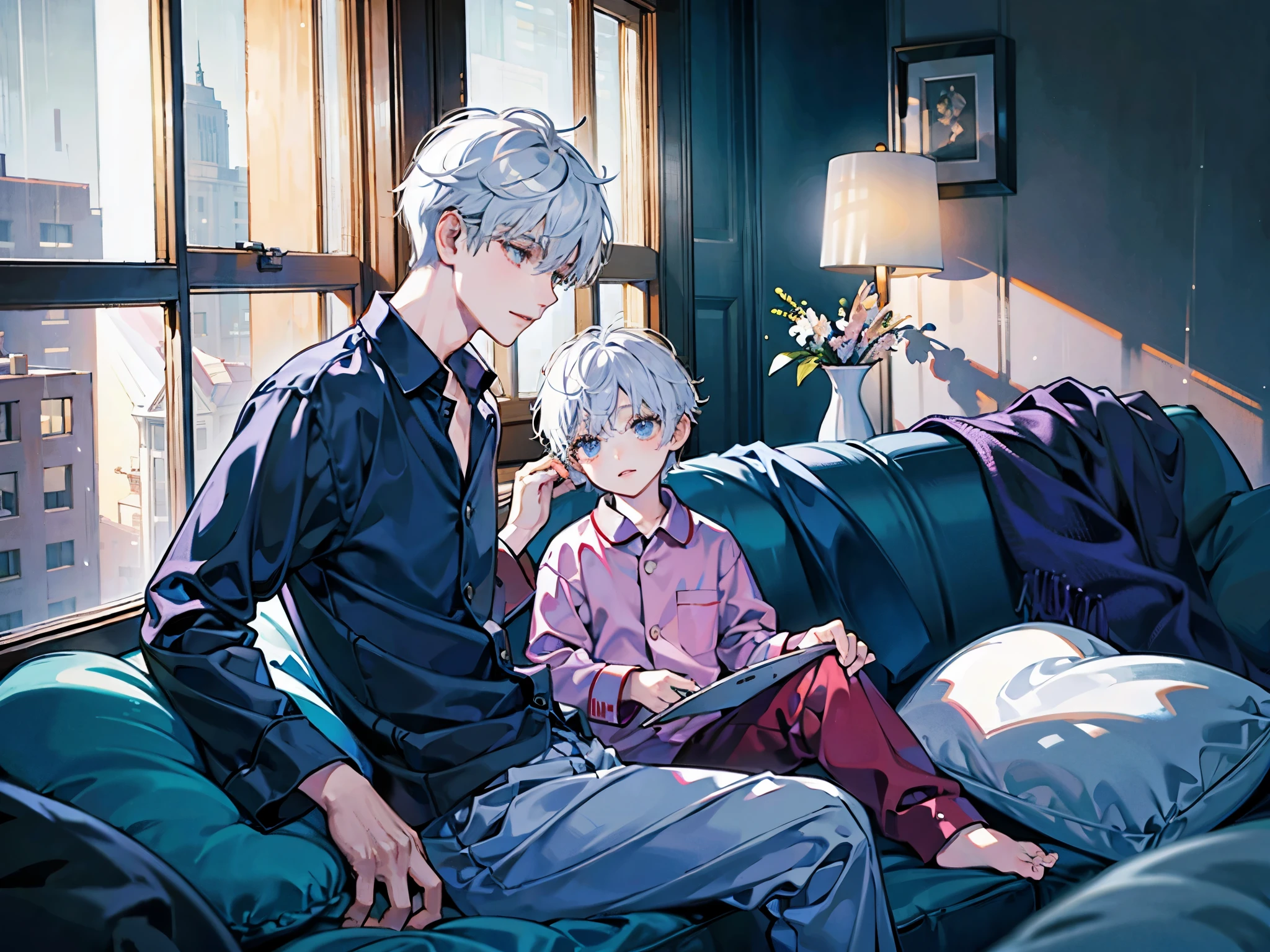 (A ), short white hair, wearing pajamas, by the big window, at night, thunder and rain