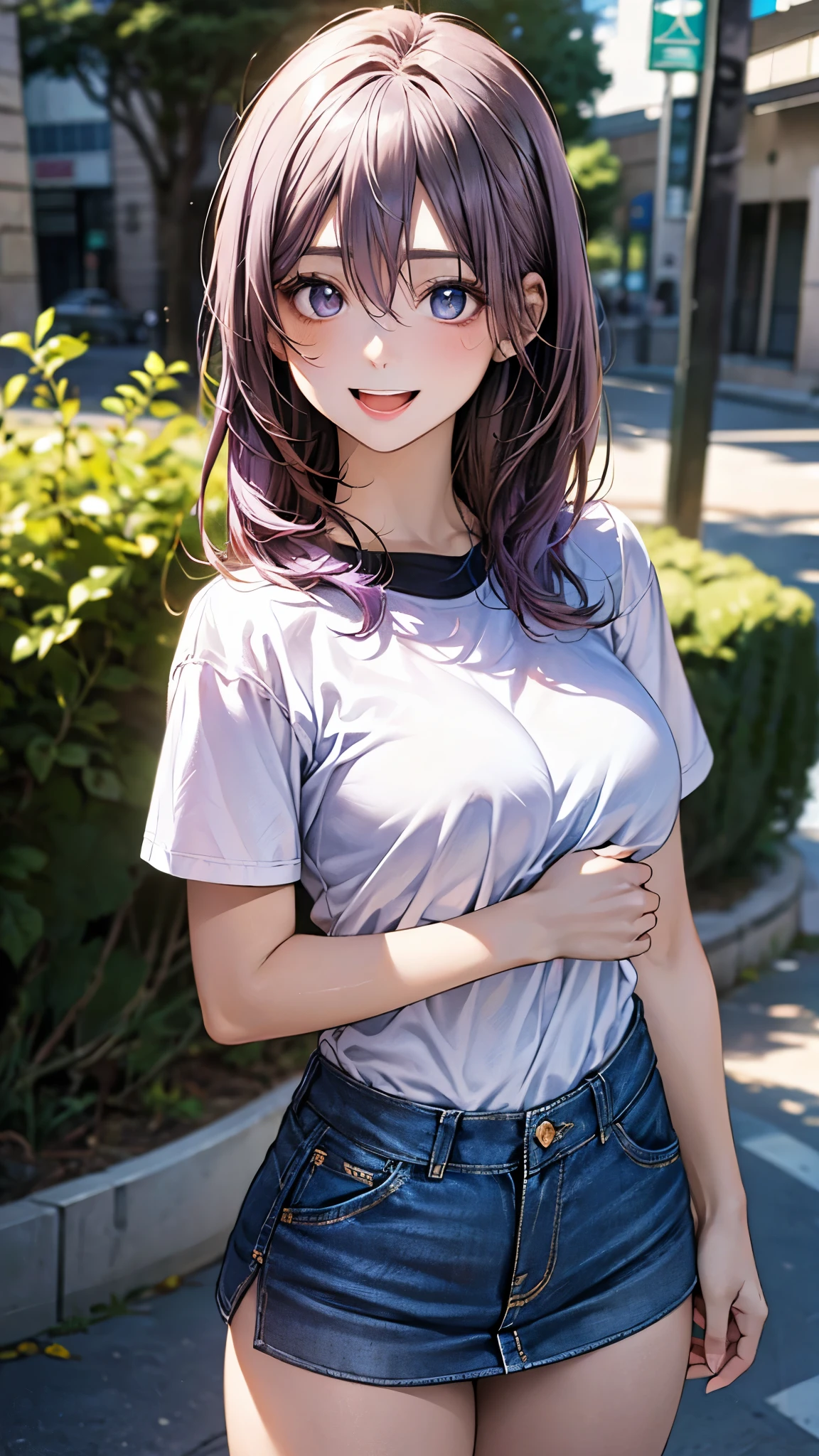 (masterpiece:1.2, top-quality), (realistic, photorealistic:1.4), beautiful illustration, (natural side lighting, movie lighting), nsfw,
looking at viewer, cowboy shot, front view:0.6, 1 girl, japanese, high school girl, perfect face, cute and symmetrical face, shiny skin,
(short hair:1.2, lob:1.2, light purple hair), hair between eyes, blue eyes, long eye lasher, (large breasts:0.7, thick thighs),
beautiful hair, beautiful face, beautiful detailed eyes, beautiful clavicle, beautiful body, beautiful chest, beautiful thigh, beautiful legs, beautiful fingers,
((black t-shirts, denim miniskirt)),
(beautiful scenery), evening, riverside, walking, (smile, open mouth),
