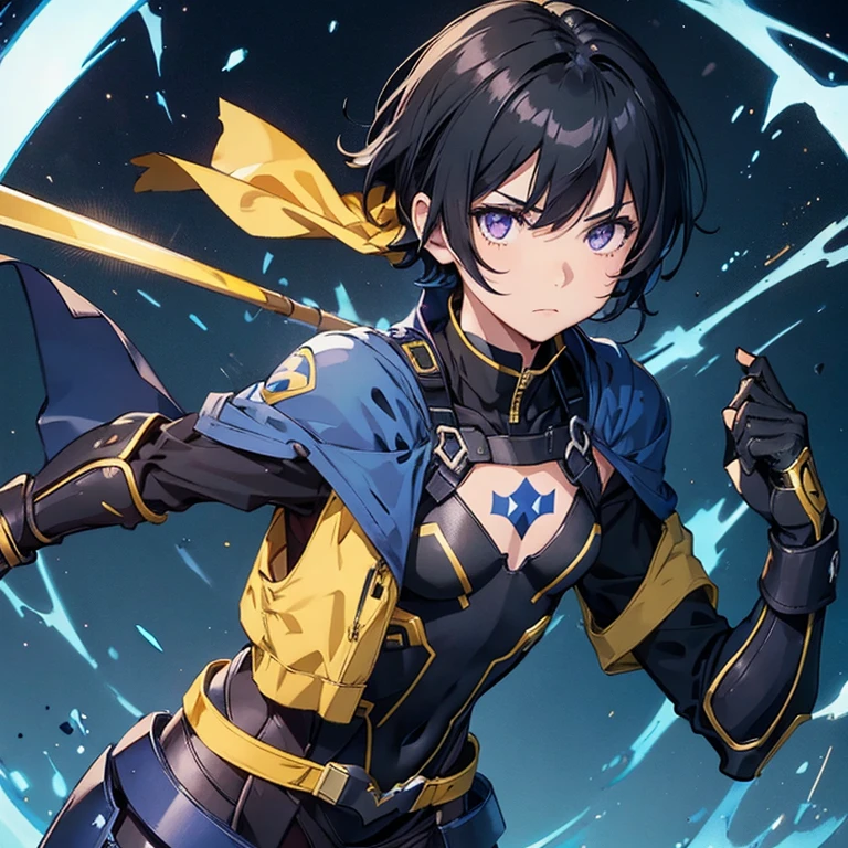 boyish Hero girl, single yellow heart mark at chest, blue armor on black hero suits, short black hair, yellow spade mark on blue bandanna, purple eyes, small bust