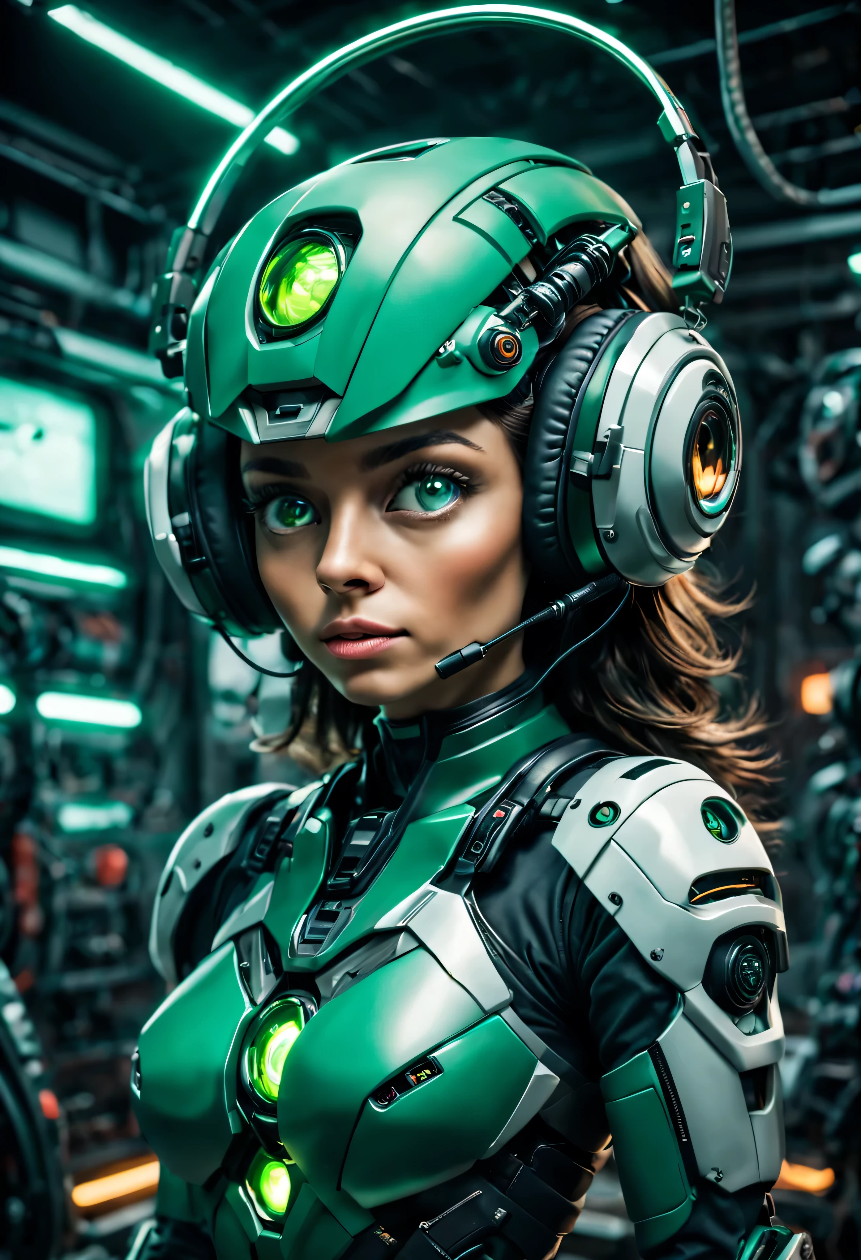 mujer exuberante, athletic , ojos verdes, vestida con armadura mecha, con casco y auriculares, se encuentra en centro de control de estacion espacial, con ordenadores con luces led de vario colores)),todo lleno de imaginacion,ciencia ficcion y (intrincados detalles de la maquina).imagen fotorrealista,nitidez maxima, calidad de imagen 8k.(obra maestra de calidad superior).(renderizado 3D).