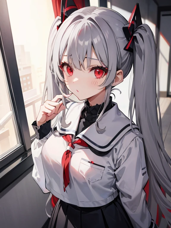 Anime girl with white hair and rabbit ears, red eyes, shy blush, zombie costume