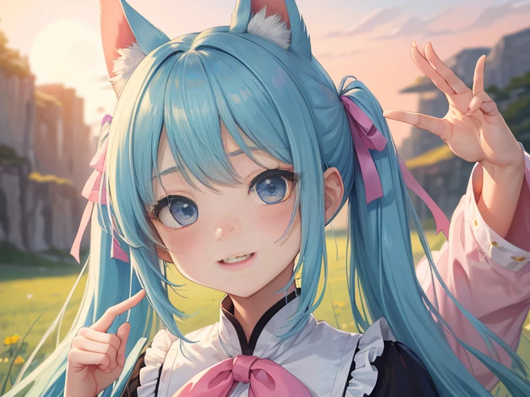 masterpiece:1.2、high quality、最high quality、High resolution、detailed、surreal、20Beauty of the same age、long hair with pink twin tails,,,,、beautiful blue eyes、head tilt、sunrise、green grass々Shigi々、birdie、rainbow、Portrait、かわいらしい笑face、show teeth、(詳しいface)、((sharp focus))、((face))、upper_body