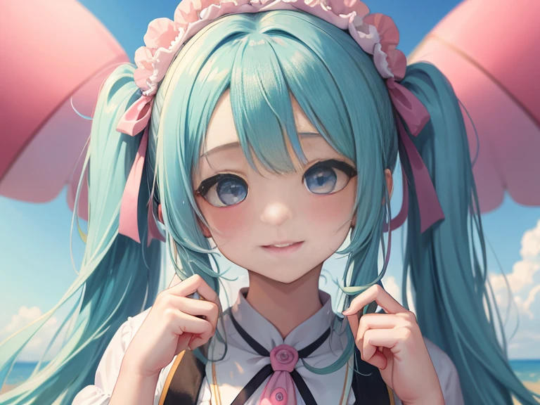 masterpiece:1.2、high quality、最high quality、High resolution、detailed、surreal、20Beauty of the same age、long hair with pink twin tails,,,,、beautiful blue eyes、head tilt、sunrise、green grass々Shigi々、birdie、rainbow、Portrait、かわいらしい笑face、show teeth、(詳しいface)、((sharp focus))、((face))、upper_body