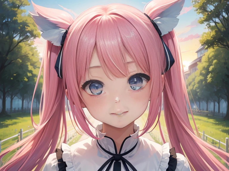 masterpiece:1.2、high quality、最high quality、High resolution、detailed、surreal、20Beauty of the same age、long hair with pink twin tails,,,,、beautiful blue eyes、head tilt、sunrise、green grass々Shigi々、birdie、rainbow、Portrait、かわいらしい笑face、show teeth、(詳しいface)、((sharp focus))、((face))、upper_body