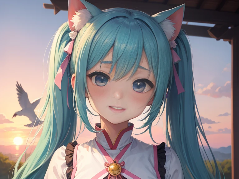 masterpiece:1.2、high quality、最high quality、High resolution、detailed、surreal、20Beauty of the same age、long hair with pink twin tails,,,,、beautiful blue eyes、head tilt、sunrise、green grass々Shigi々、birdie、rainbow、Portrait、かわいらしい笑face、show teeth、(詳しいface)、((sharp focus))、((face))、upper_body