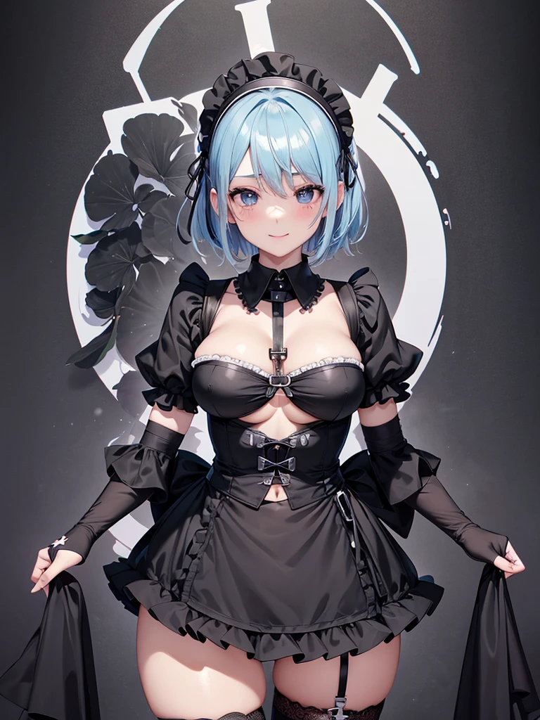 masterpiece, best quality, ultra-detailed,realistic,re zero, (light blue hair, short hair, large breasts), cleavage, smile, cowboy shot ,kawaii, cute, pretty,  old, stomach, navel, 
(black theme),(all black),
((gothic lolita, black nurse costume))
(black (nurse cap,sling) with
cross-symbol print on head),(fusion
of (short sleeve black collared-shirt
with double-breasted) and black
mini wrap-skirt), (collarbone)、
(double-breasted),(black choker with
cross),(intricately embroidered black
lace, black ruffle trim)),(black platform
high boots).
 (white and black theme),(white
cross-symbol),(wrap white bandages
around arms andlegs),(white
button),((tareme)),beautiful face, 
