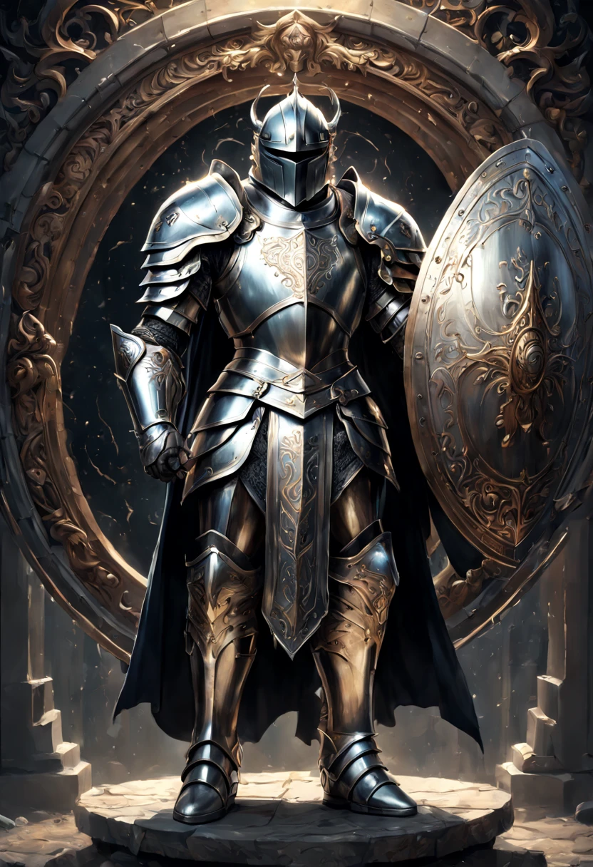 breathtaking A highly detailed digital painting of a powerful knight in armor holding a large, ornate shield in a heroic stance, extremely detailed full body knight in shiny silver armor with intricate patterns, standing in a dramatic pose, one hand holding a massive, circular shield with a glowing crest in the center, shield has beautiful engraved swirls and runes, shining metal, cinematic lighting, illustration by artgerm and greg rutkowski and alphonse mucha, digital painting . award-winning, professional, highly detailed, detailed matte painting, deep color, fantastical, intricate detail, splash screen, complementary colors, fantasy concept art, 8k resolution trending on Artstation Unreal Engine 5