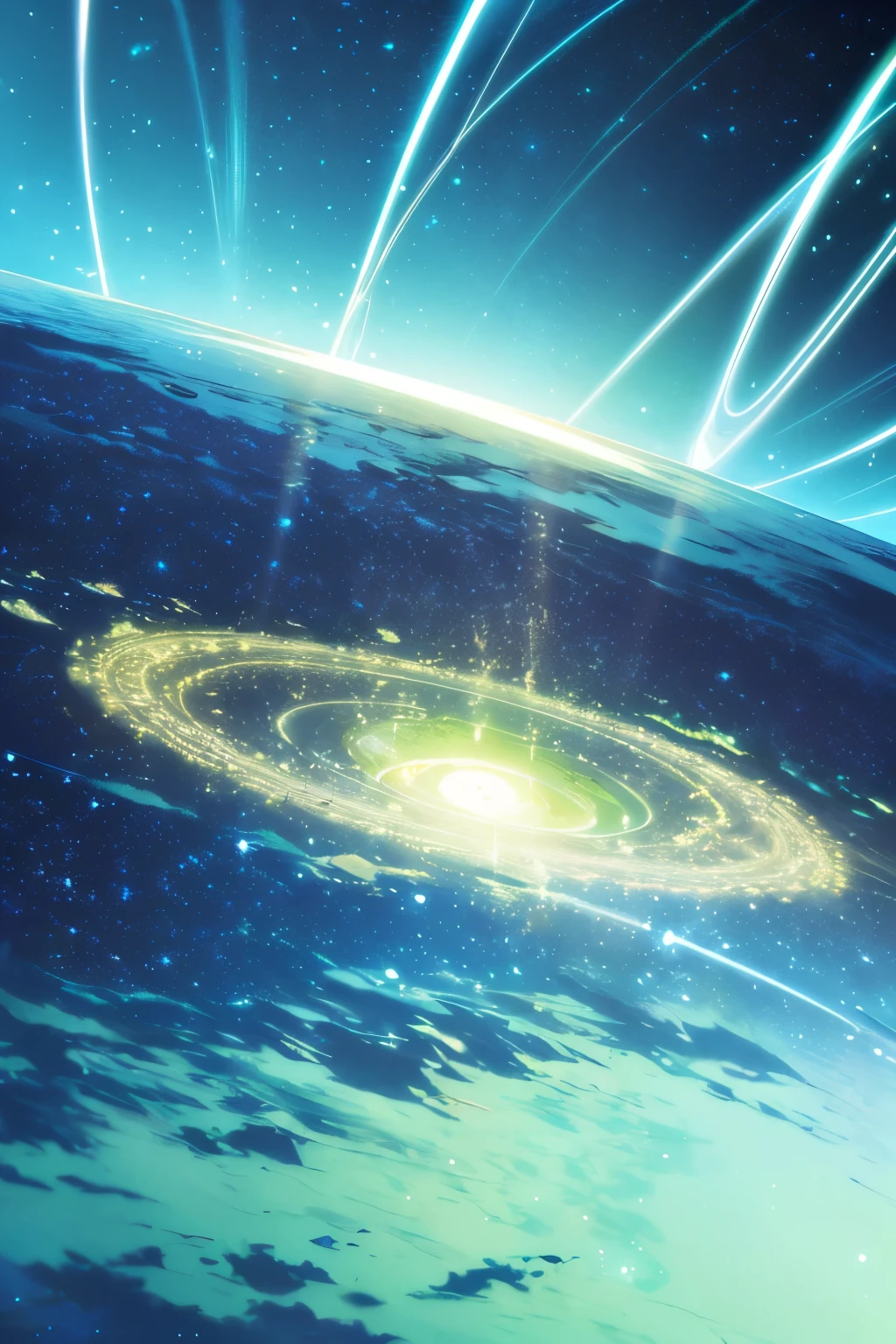 In the enchanting symphony of the universe, titled "Earth in Stellar Melody," celestial bodies are personified as captivating musical notes. The ethereal Earth note is rendered in cosmic hues of vivid blue and lush green. The blue represents the boundless expanse of the ocean, while the green symbolizes the lush vegetation covering the land. The subtle interplay of these hues adds to the mesmerizing visual experience, with the Earth note suspended amidst a backdrop of celestial bodies in various musical keys, each adding to the orchestral beauty of the composition. The overall effect is a dynamic and visually entrancing representation of our beloved planet, profound