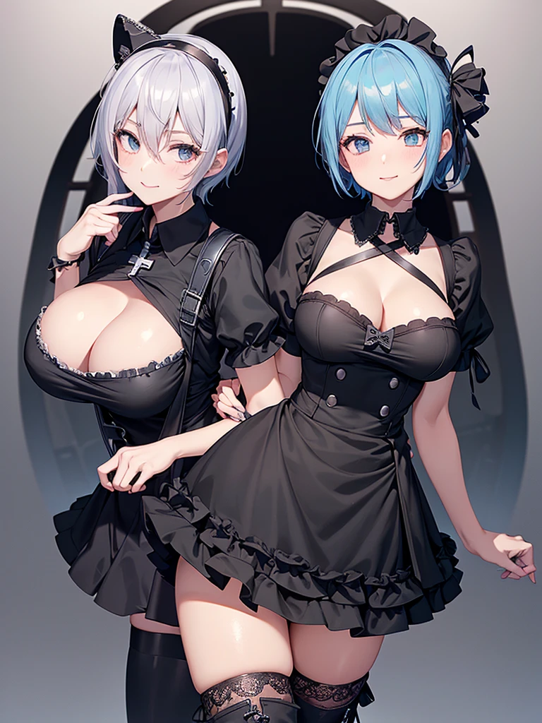 masterpiece, best quality, ultra-detailed,realistic,re zero, (light blue hair, short hair, large breasts), cleavage, smile, cowboy shot ,kawaii, cute, pretty,  old, stomach, navel, 
(black theme),(all black),
((gothic lolita, black nurse costume))
(black (nurse cap,sling) with
cross-symbol print on head),(fusion
of (short sleeve black collared-shirt
with double-breasted) and black
mini wrap-skirt), (collarbone)、
(double-breasted),(black choker with
cross),(intricately embroidered black
lace, black ruffle trim)),(black platform
high boots).
 (white and black theme),(white
cross-symbol),(wrap white bandages
around arms andlegs),(white
button),((tareme)),beautiful face, 
