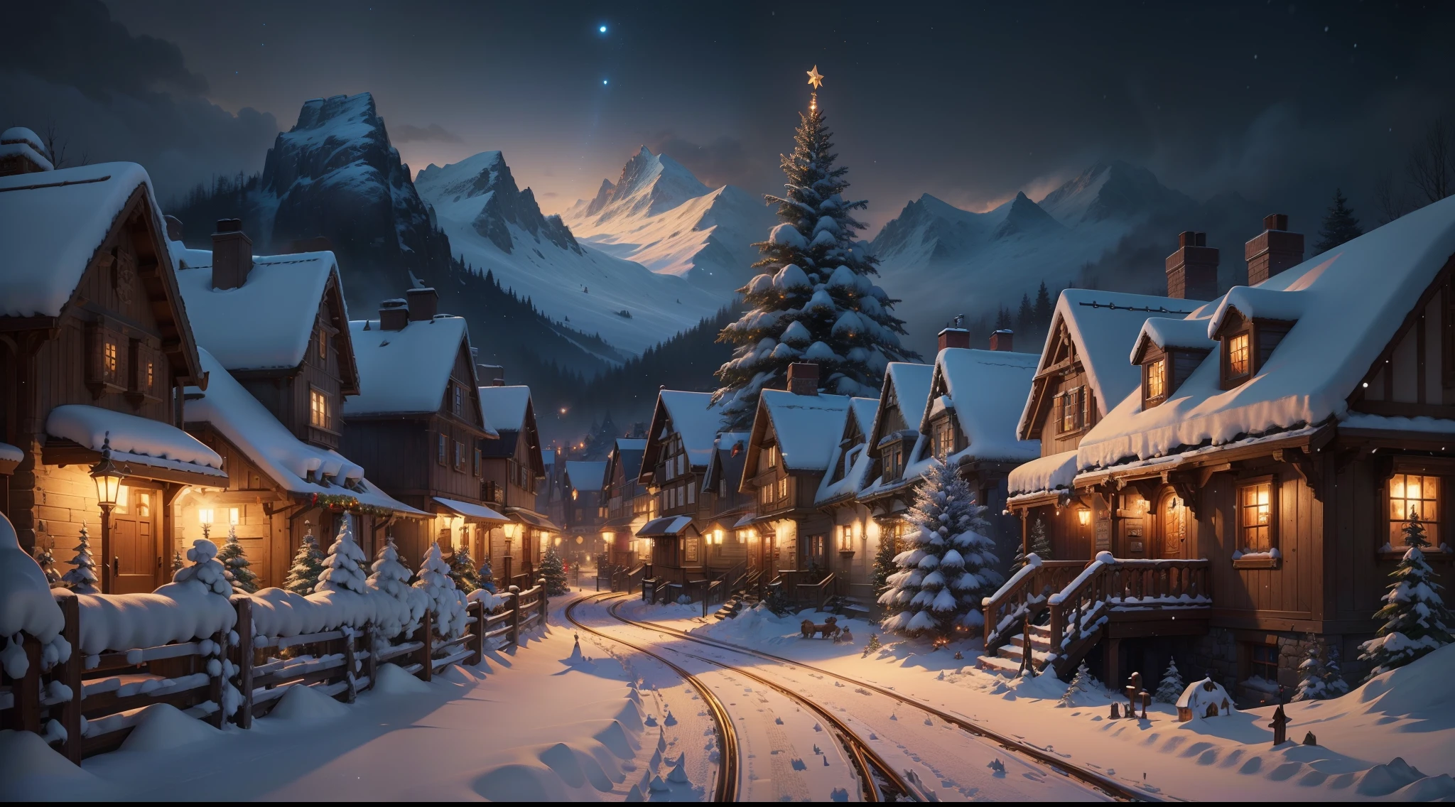 ((masterpiece)), (8k, high_resolution), (best quality), ultra-detailed, snowfall, snowy village with a train and a christmas tree in the middle, winter concept art, blizzard hearthstone concept art, background artwork, stylized concept art, town background, a bustling magical town, nightime village background, hearthstone concept art, fantasy town setting, hearthstone card game artwork, snowy winter christmas night, medeival fantasy town, magical village, town center background