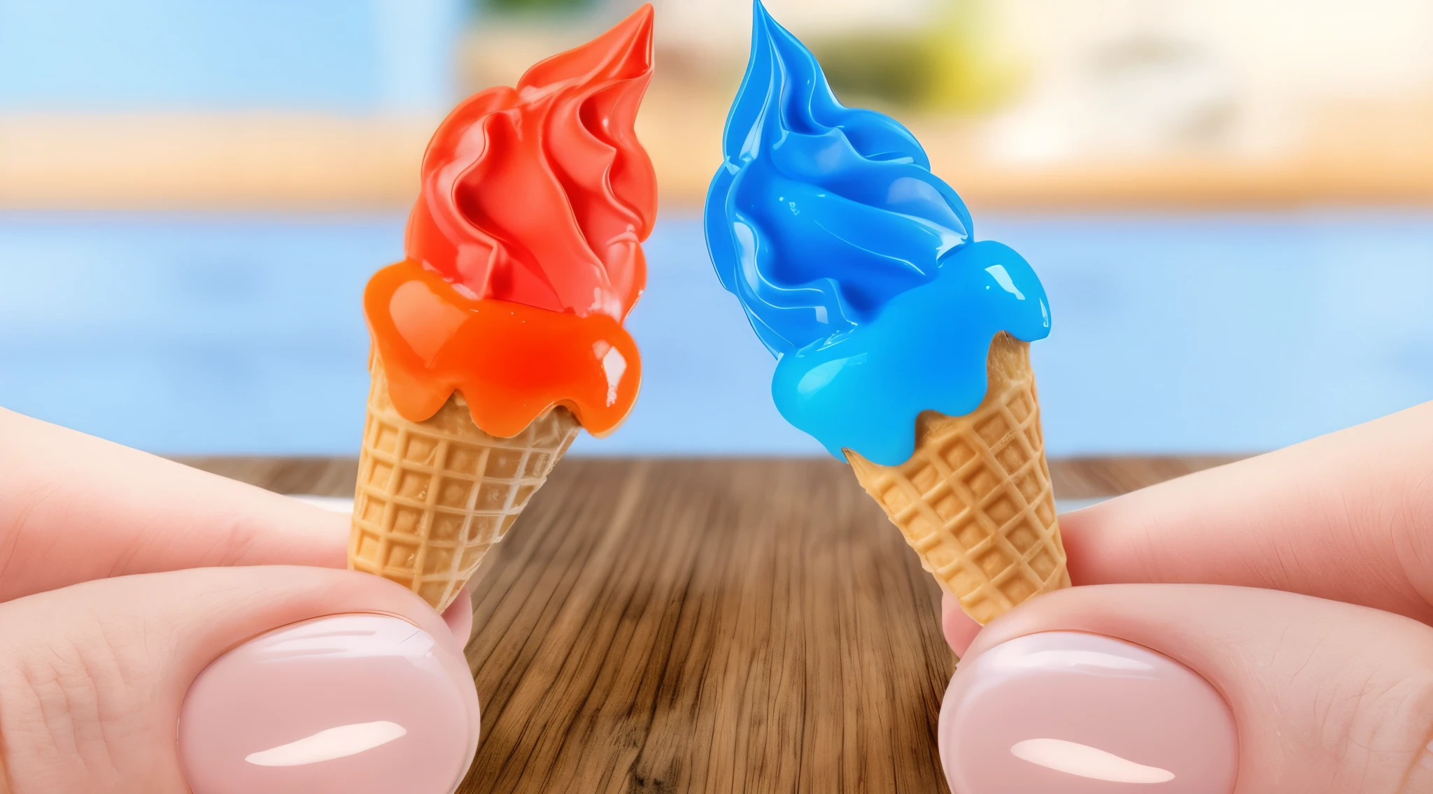 in a miniature kitchen with kitchen utensils, two fingers on the left side are holding a red-orange ice cream cone , which symbolizes fire, KitKat logo in the middle, on the right side, the fingers are holding a blue-blue ice cream cone, which symbolizes winter ice cream. Detailed textures, realistic textures, realistic style, Detailed photo, Macro Photography, Backlight, beautiful lighting, voluminous objects