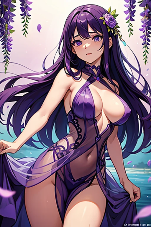 {{{{masterpiece}}}}, {{{super detailed}}}, {{{High resolution}}}, {{excellent anatomy}}, (((highest quality))), ((very delicate and beautiful)), {{very detailed and delicate}}, {8k cg wallpaper},((detailed background))One female、best style、beautiful woman、The most beautiful woman in the world、Purple flowers are blooming on the purple lake surface, soft purple glow, Purple light, (purple wisteria forest), wisteria season, art, shining purple, Purple petals are dancing everywhere、 The blossoming path to heaven, purple glow、Purple water、purple reflective water surface、purple light、(Sexy sheer dress:1.5),((big breasts))、show through、waterside and wisteria、Detailed design、beautiful design、sexy pose、Sheer skin、shape of nipple
