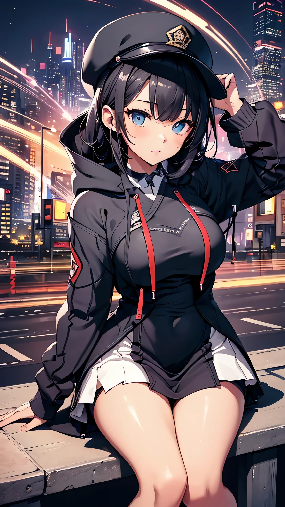 最high quality、best image quality、masterpiece、teenage girl((18-year-old、 By becoming、vest bust、medium bust,wide open breast tea、black eye, black hair、long hair、thin,highest valley、black hoodie(2:3),white skirt、sit、open thighs、cute blue hat)),high quality、beautiful art、background((City of night、Japan)),debris flies、Depth of written boundary、movie、visual art、perfect art、8K,genuine