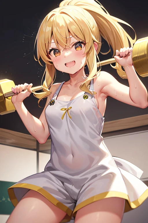 Marisa Drizzle、yellow半袖カットソー、white shorts、Sweat、High precision、highest quality、high resolution、beautiful、cute、long blonde hair、yellowの瞳、ponytail、small breasts、Sweatが滴る、smile showing teeth、carry a barbell、training、yellow