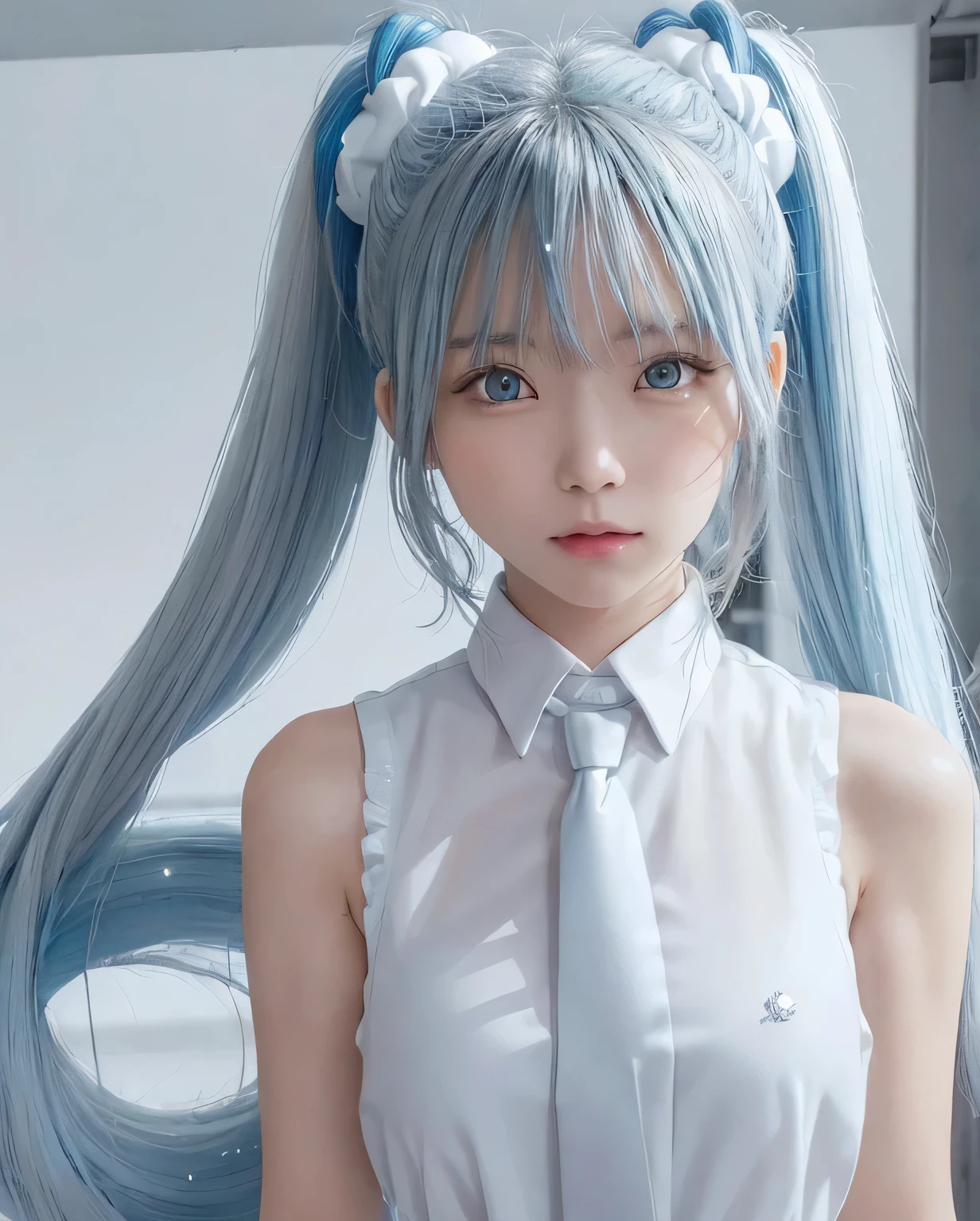 {The theme is Hatsune Miku}、(white crazy long hair:1.5)、twin tails、((blue ribbon scrunchie))、(White Sleeveless Long Shirt:1.3)、, shiny hair, expressive hair, crystal hair, gradient eyes, Artistic, conceptual art, glitter effect , shine, UHD, retina, masterpiece, Accurate, anatomically correct, Super detailed, high detail, fine skin,((flat body、slim、cute:1.3))、((Crystal of snow:1.2))、(blue tie:1.2)、(Crystal of snowの絵の背景:1.3)