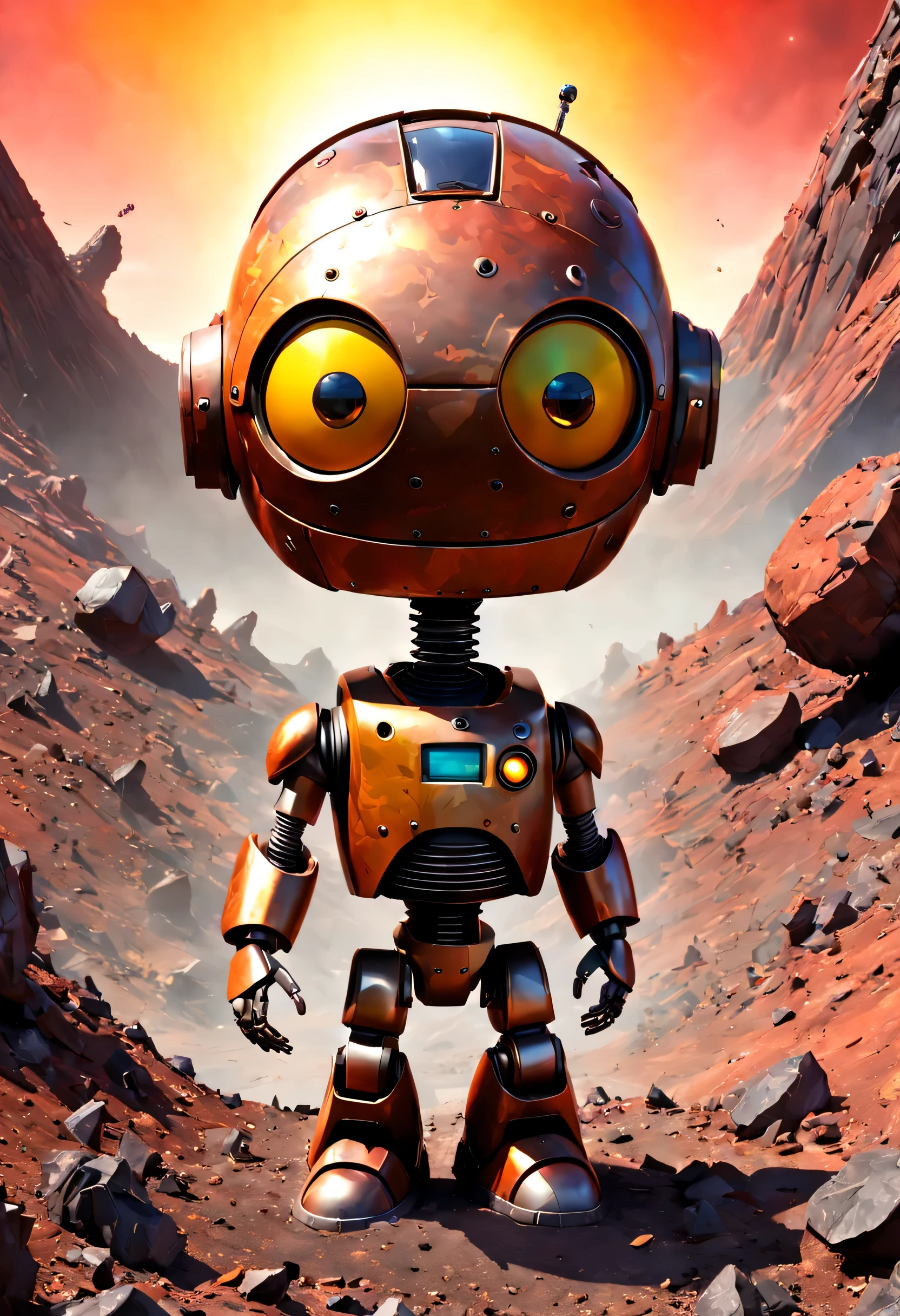 Un dibujo animado plano moderno Loco con un robot Only Eye y un estilo de casco, Pinzas en las manos, Cabeza de TV, cabeza de alfiler, camouflage Red Brown Yellow Rusty, Atmosphere in the crater of a super-detailed meteorite, centro, hermoso, Soft lighting, Centrado en el personaje, 4k resolution, photorealistic representation.