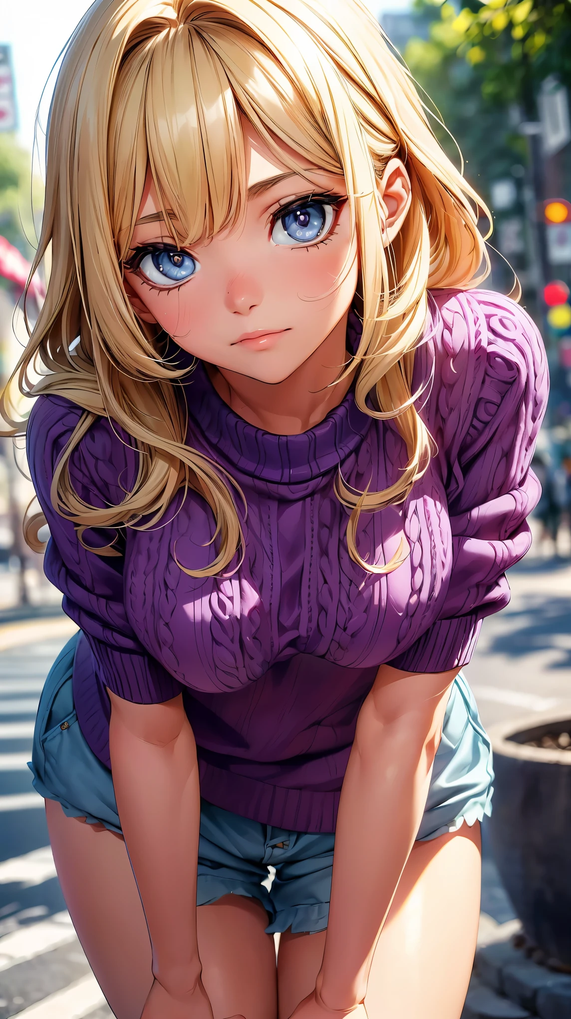 (8K, RAW photo, 最high quality, masterpiece: 1.2), High-definition RAW color photo, Professional photo shoot, cinematic light, alone, (((young woman, gal))), (Sharp features), (big eyes), (small face), (high detail skin: 1.2), clavicle, cute face, beautiful appearance, long eyelashes, (rainbow hair, blue eyes), (beautiful breasts:1.5), (camel toe details), spread your legs, ((spread your legs膝立ち, Leaning forward, Stick out your buttocks backwards)), pussyが気持ち良い, ((pussy)), (thin:1.4), very detailed顔と肌の質感, fine eyes, natural makeup, camel toe, ((blonde, long bangs on one side, asymmetrical bangs, One eye hides, wavy hair)), slender body, ((shy:1.2)), big breasts, normal hip joint, blue eyes, cowboy shot, (((Purple knitwear:1.5, Chinos,big breasts))), I enjoy dating, beautiful sunny day, Lively streetscape, bright colors, blissful companionship, precious memories, A composition that highlights the beauty of a girl, staring eyes, beautiful skin, shiny skin, perfect fingers, five fingers, anatomically correct, background bokeh, high quality, surreal, bright colors, ((very detailed, photo shoot)),