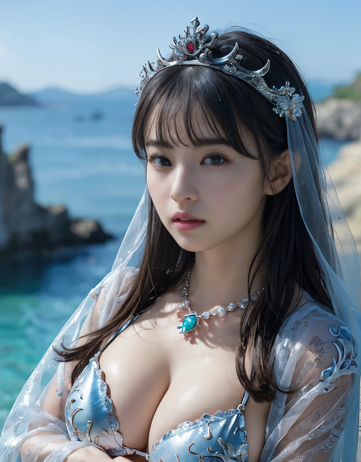 (heavy chest)、highest quality、masterpiece、Super high resolution、(Blue Dragon Armor)、(((Metal製))),(((big breasts)))、(((detailed white micro bikini))),(wears a beautiful crown made of precious stones),(Photoreal:1.4)、RAW photo、1 girl、(((random hair))、(((take various poses)))、glowing skin、(((black chinese dragon)))、intricate and gorgeous hair ornaments、(Looks like a gorgeous jewelry necklace)、(Someone who looks at you with calm, goddess-like eyes.)happiness:1.2)、(metal bikini background)).((Beautiful coral and sea background))、sheer cliff、(ruins background)、((Super realistic details))、Portrait、global illumination、(sexy pose)、Shadow、octane rendering、8K、big breasts、Raw skin exposed in the cleavage、Metal、intricate decorative details、Japan details、very intricate details、realistic light、CG Society Trenlow Eyes、Eyes shining towards the camera、two stock、(veil)、(((heavy big))),Shining eyes shine、armpit、