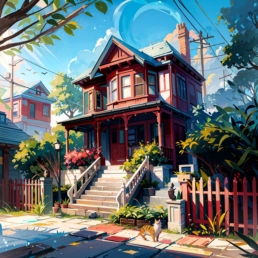 painting of a house with a cat walking down the street, anime background art, house background, a beautiful artwork illustration, cozy home background, painted in anime painter studio, detailed 2d illustration