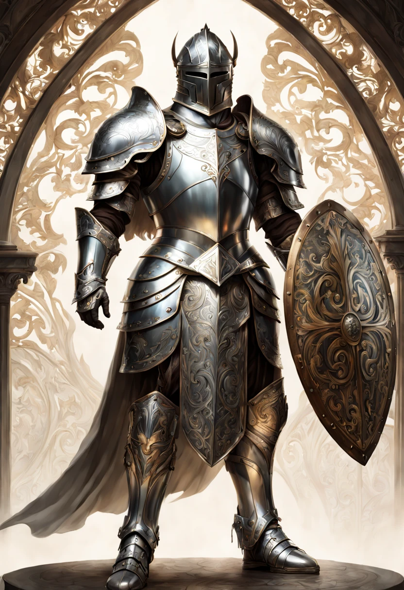 breathtaking A highly detailed digital painting of a powerful knight in armor holding a large, ornate shield in a heroic stance, extremely detailed full body knight in shiny silver armor with intricate patterns, standing in a dramatic pose, one hand holding a massive, circular shield with a glowing crest in the center, shield has beautiful engraved swirls and runes, shining metal, cinematic lighting, illustration by artgerm and greg rutkowski and alphonse mucha, digital painting . award-winning, professional, highly detailed, detailed matte painting, deep color, fantastical, intricate detail, splash screen, complementary colors, fantasy concept art, 8k resolution trending on Artstation Unreal Engine 5