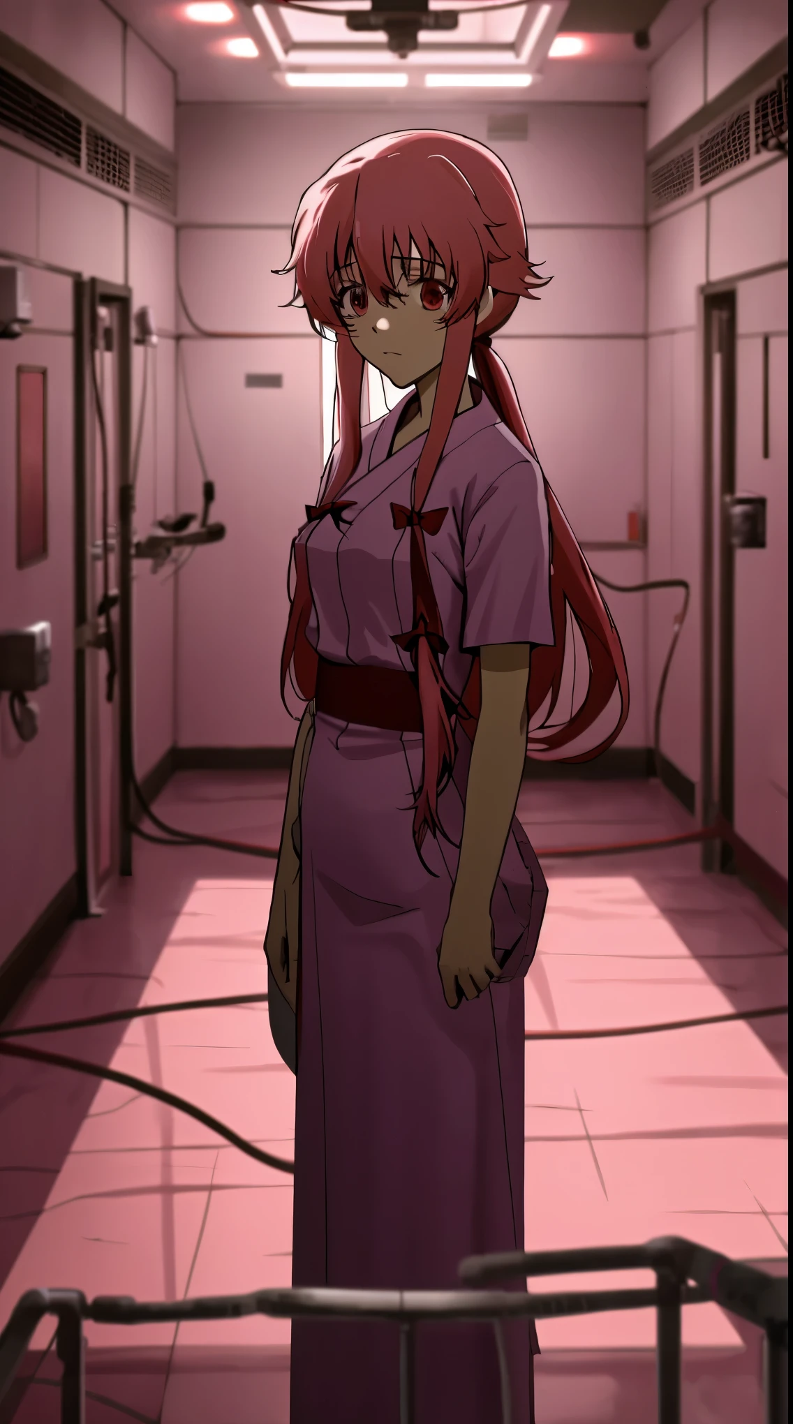 (best quality,4k,8k,highres,masterpiece:1.2), ultra-detailed, anime_still, Yuno Gasai stands in the center of a (hospital gown:1.5), her red eyes reflecting her insanity. Surrounding her is the eerie interior of a psychiatric hospital, with the walls of her ((padded room)) bearing witness to her torment. The dim lighting casts haunting shadows, adding to the atmosphere of the asylum.