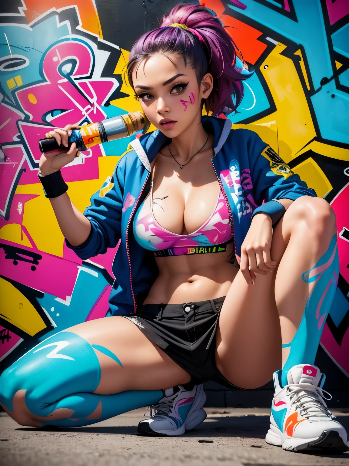 (best quality), (high detail), (vivid colors), (graffiti style), (freestyle), (Close up), (1girl), sexy female graffiti artist, spraying graffiti on a wall painted with street art, HDR, 4K, 3D, graffiti art style.