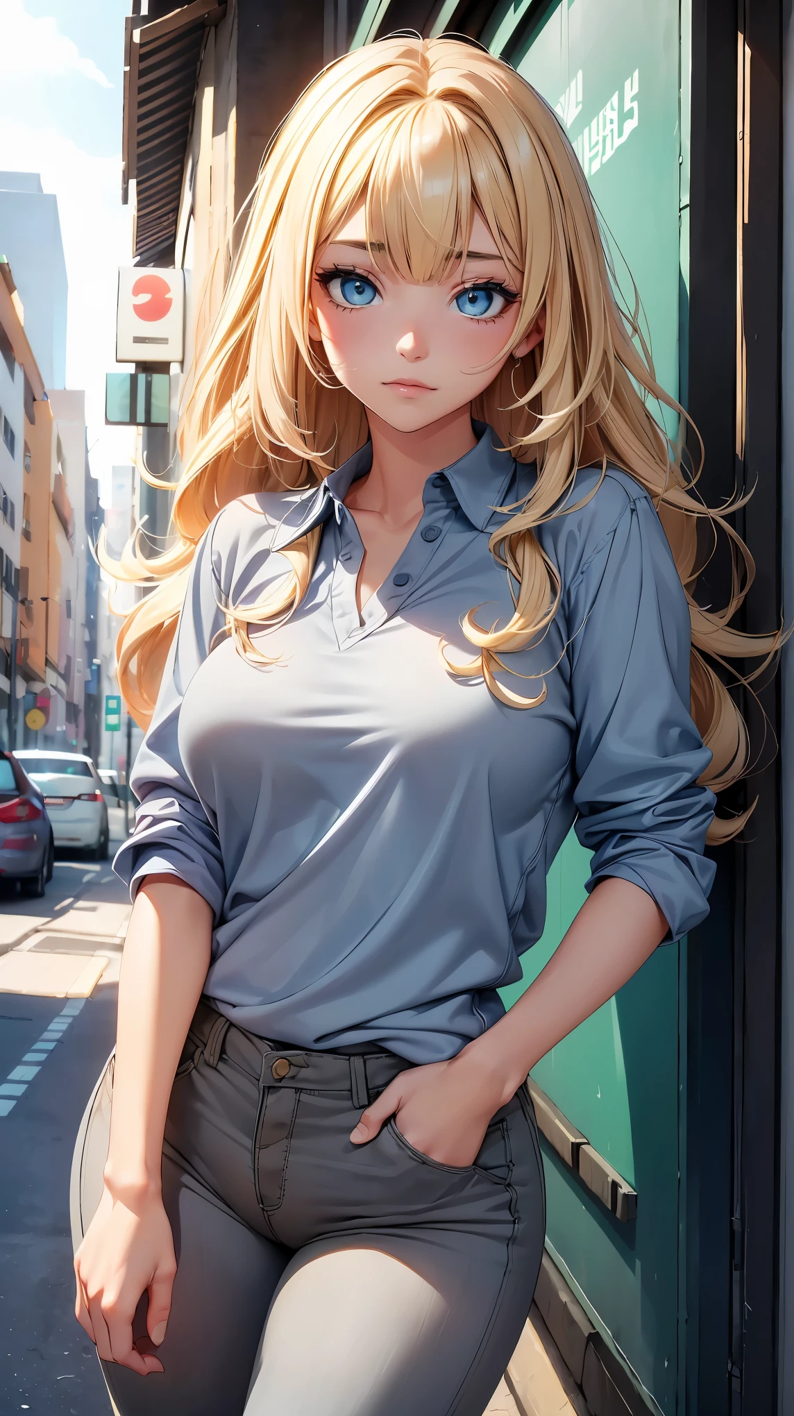 (8K, RAW photo, 最high quality, masterpiece: 1.2), High-definition RAW color photo, Professional photo shoot, cinematic light, alone, (((young woman, gal))), (Sharp features), (big eyes), (small face), (high detail skin: 1.2), clavicle, cute face, beautiful appearance, long eyelashes, (rainbow hair, blue eyes), (beautiful breasts:1.5), (camel toe details), spread your legs, ((spread your legs膝立ち, Leaning forward, Stick out your buttocks backwards)), pussyが気持ち良い, ((pussy)), (thin:1.4), very detailed顔と肌の質感, fine eyes, natural makeup, camel toe, ((blonde, long bangs on one side, asymmetrical bangs, One eye hides, wavy hair)), slender body, ((shy:1.2)), big breasts, normal hip joint, blue eyes, cowboy shot, (((gray shirt:1.5, Pants Style, big breasts))), I enjoy dating, beautiful sunny day, Lively streetscape, bright colors, blissful companionship, precious memories, A composition that highlights the beauty of a girl, staring eyes, beautiful skin, shiny skin, perfect fingers, five fingers, anatomically correct, background bokeh, high quality, surreal, bright colors, ((very detailed, photo shoot)),