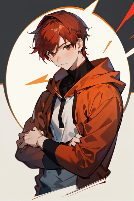 masterpiece, 最high quality, high quality, 1 boy, alone, male focus, looking at the viewer, Upper body, Manat, Red hair, brown eyes, I'm in a fixed pose, wearing a hooded hoodie, wearing headphones around the neck, casual