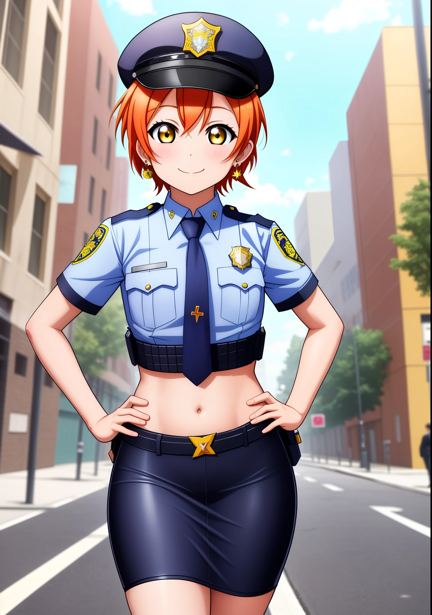 Masterpiece, best quality, Hoshizora rin, yellow eyes, orange hair, flying hair,(smile:0.7) ,white shirt,half sleeves,earrings, dynamic pose, perfect lightning, low-leg pencil skirt, midriff, necktie,ahoge , walking,hands on hip,(sexy oval navel) , police cap,in street,looking at viewer, cowboy shot,(skin tight:1.2)